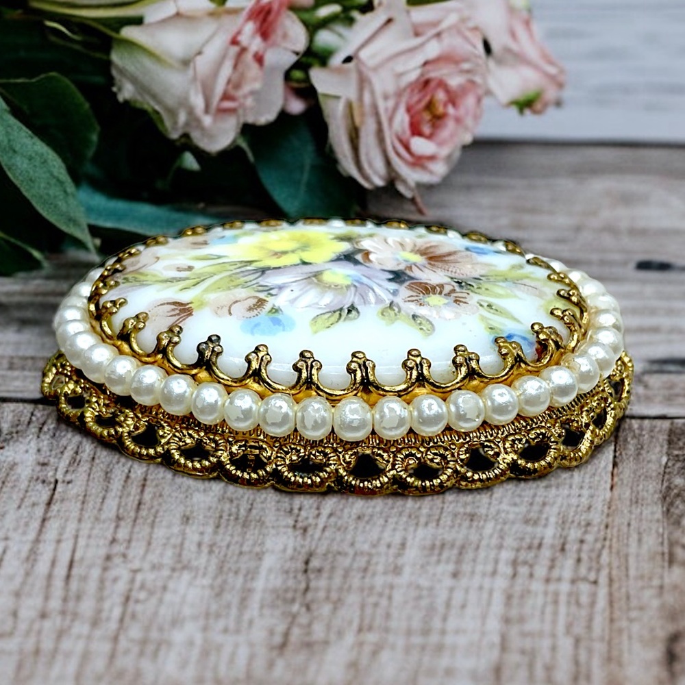 Vintage W. German Porcelain & Pearl Brooch